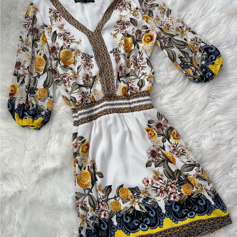 White House Black Market Yellow Floral Long Sleeve Dress